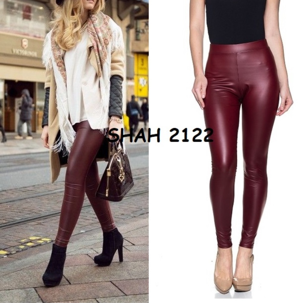 Faux Leather Leggings High Waist Burgundy Wine - Picture 2 of 3